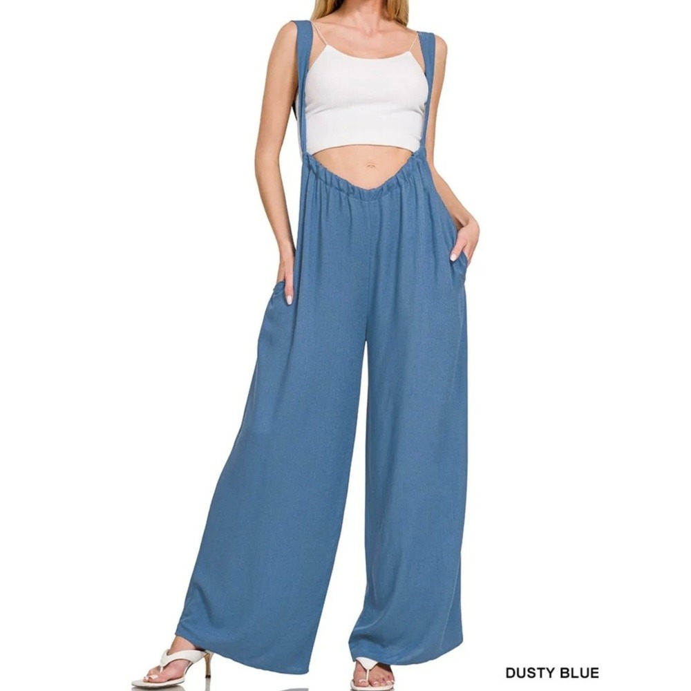 Zenana Woven Tie Back Suspender Jumpsuit Womens‎ L Dusty Blue Comfort Wide Leg